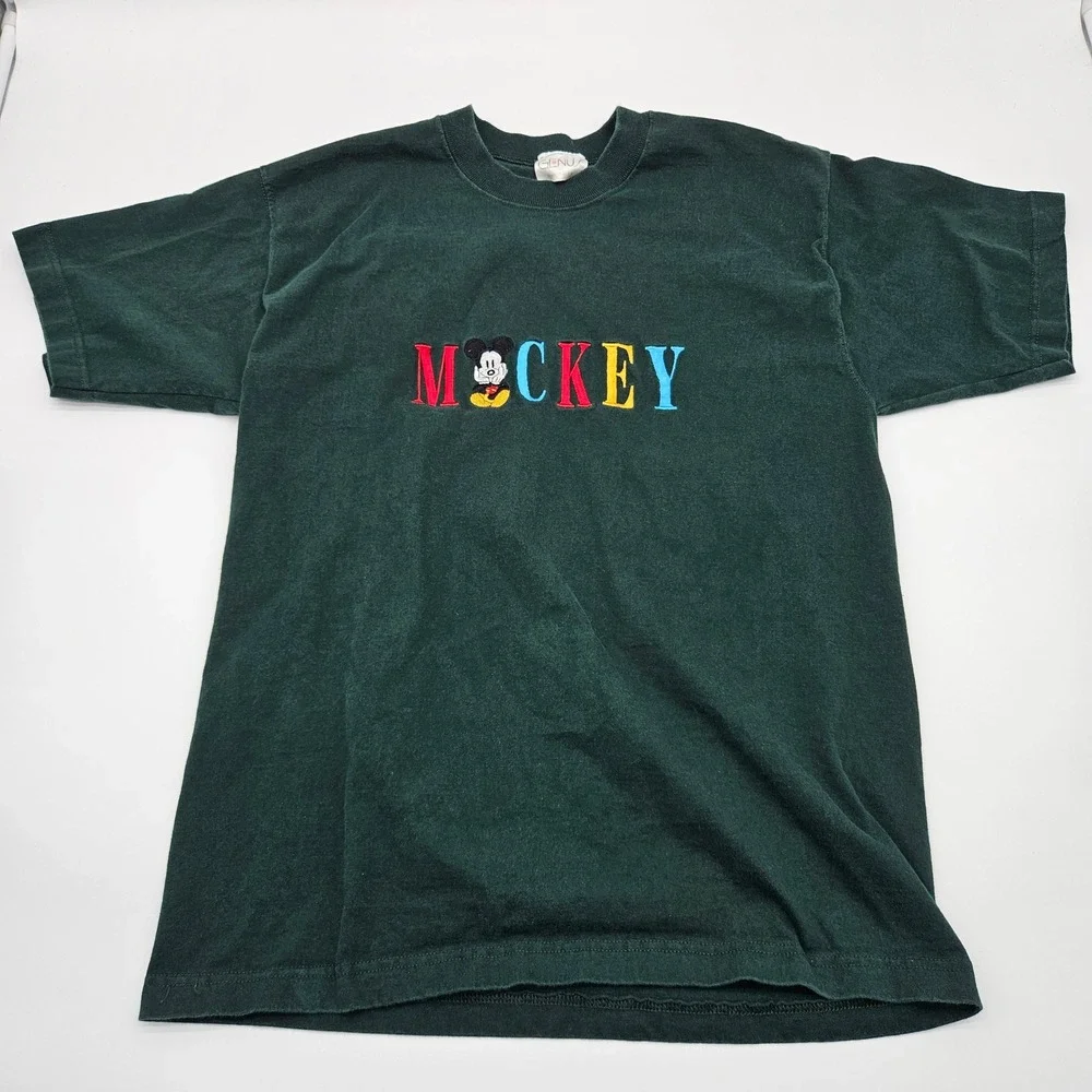 GenU Disney Mickey‎ Mouse Embroidered T-Shirt Green USA Made Sz Medium
